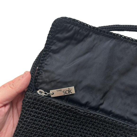 The SAK Small Black Square Crochet Woven Crossbody Zip Pocket Pouch Purse - Picture 3 of 7